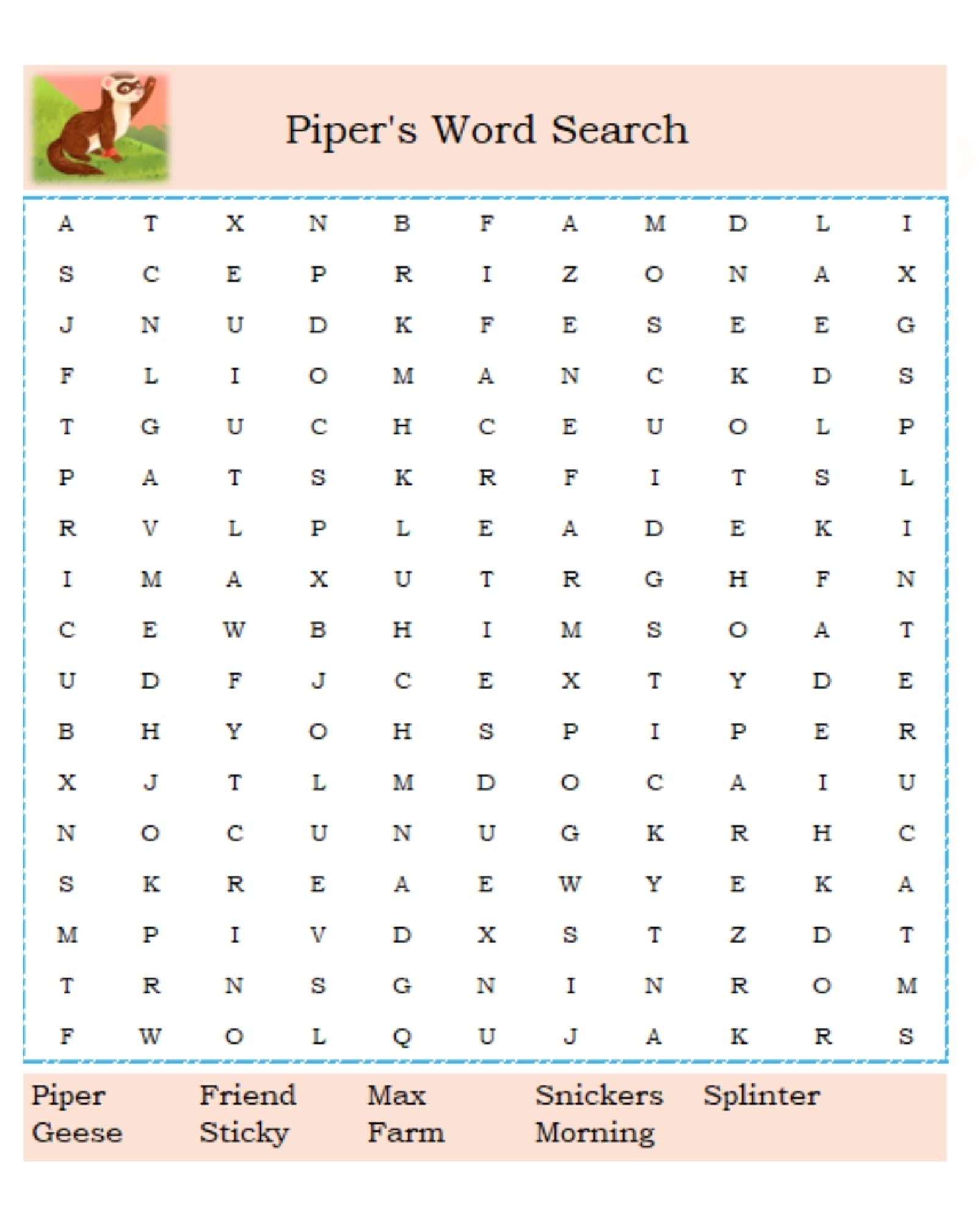 Free printable word search (Piper and Max Children's book)